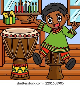 Kwanzaa Child Playing Djembe Colored Cartoon 