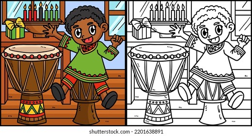 Kwanzaa Child Playing Djembe Coloring Illustration