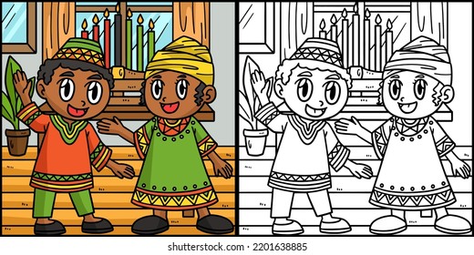 Kwanzaa Children And Kinara Coloring Illustration