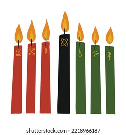 Kwanzaa clip art - kinara candles - red, black, green with hand drawn symbols of seven principles of Kwanzaa. Cute simple clipart for African American heritage celebration winter holiday.