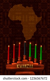 Kwanzaa. Concept of an African American festival in the United States. Kinara - wooden candle holder and 7 candles of traditional colors. Continent of Africa, ethnic patterns on the background