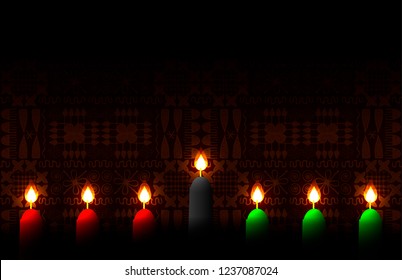 Kwanzaa. Concept of an African American festival in the United States. 7 candles of traditional colors. Ethnic patterns on the background