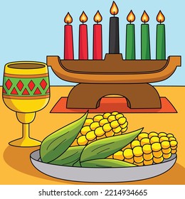 Kwanzaa Corn And Kinara Colored Cartoon