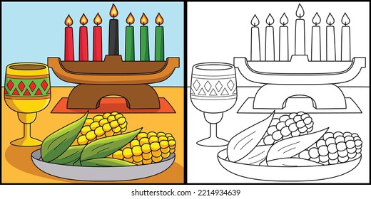 Kwanzaa Corn and Kinara Coloring Page Illustration