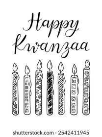 Kwanzaa doodle ilustração com caligrafia frase Happy Kwanzaa e com sete velas estilizadas com padrões únicos, simbolizando os sete princípios do Kwanzaa. Ilustração desenhada à mão vetorial