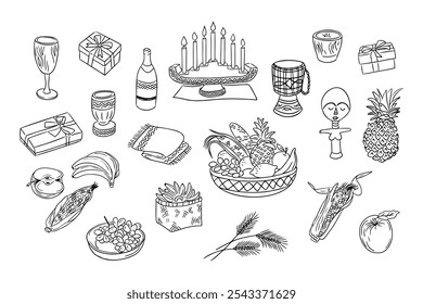 Kwanzaa doodle set with traditional elements. Candles, gifts, harvest, fruits and vegetable, drum, bottle and goblet. Vector hand drawn illustrations isolated on white background for coloring pages