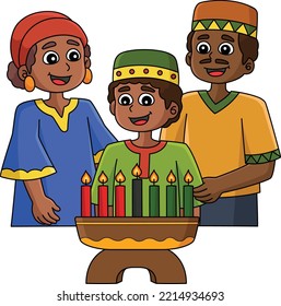 Kwanzaa Family And Kinara Cartoon Colored Clipart 