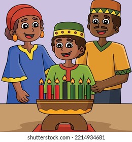 Kwanzaa Family And Kinara Colored Cartoon