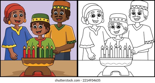 Kwanzaa Family And Kinara Coloring Illustration