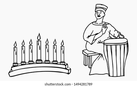 Kwanzaa Festival of African Culture. Happy man playing an ethnic tambourine. Festival concept with seven candles.