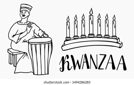 Kwanzaa Festival of African Culture. Happy man plays an ethnic tambourine. Festival concept with seven candles. White isolated background. Stock vector illustration.