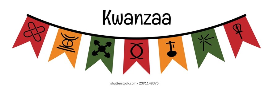 Kwanzaa festival celebration. Festive bunting flags with seven principles of Kwanzaa symbols. African American heritage holiday.