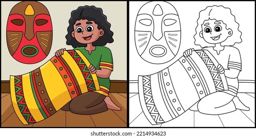 Kwanzaa Girl Holding Mkeka Coloring Illustration