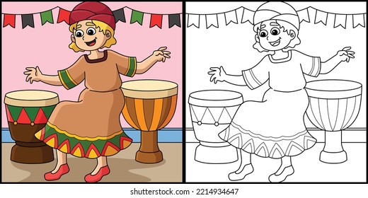 Kwanzaa Girl Playing Djembe Coloring Illustration