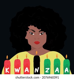 Kwanzaa greeting card. Afro american woman with candles. Vector illustration