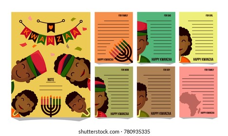 kwanzaa greeting card pack. kwanzaa symbol background. character type. african. family, father, mother, boy and girl. vector.