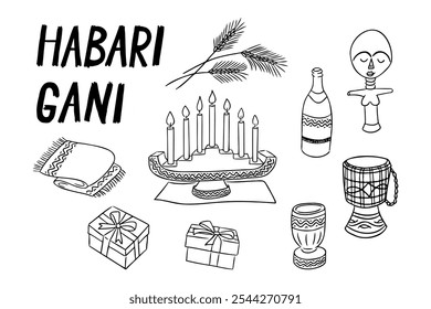 Kwanzaa mão desenhado conjunto com slogan Habari Gani. Rabiscos tradicionais. Velas, presentes, colheita, tambor, garrafa e cálice. Ilustrações desenhadas à mão vetorial isoladas no plano de fundo branco para colorir páginas