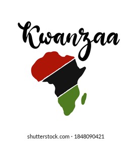 Kwanzaa handwritten text for traditional african american ethnic holiday vector illustration. Concept design for greeting card with silhouette of Africa continent in black, red, green colores.