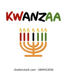 Kwanzaa handwritten text for traditional african american ethnic holiday vector illustration. Design for greeting card with kinara and burning black, red, green colored candles.