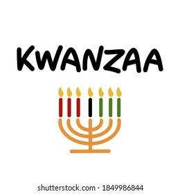 Kwanzaa handwritten text for traditional african american ethnic holiday celebration vector illustration. Concept design for greeting card with kinara and burning black, red, green colored candles.