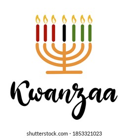 Kwanzaa handwritten text for traditional african american ethnic holiday vector illustration. Concept design for greeting card with kinara and black, red, green colored burning  candles.