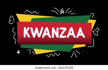 Kwanzaa handwritten text for traditional african american ethnic holiday. Concept design for greeting card on abstract  background in red, yellow, green colors. Hand lettering typography. Vector