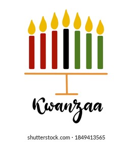 Kwanzaa handwritten word for traditional african american ethnic holiday vector illustration. Concept design for greeting card with kinara and burning black, red, green colored candles.