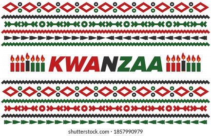 Kwanzaa Happy Celebration. African and African-American culture holiday. Seven days festival, celebrate annual from December 26 to January 1. Black history. Poster, card, banner and background. Vector