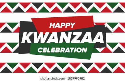 Kwanzaa Happy Celebration. African and African-American culture holiday. Seven days festival, celebrate annual from December 26 to January 1. Black history. Poster, card, banner and background. Vector