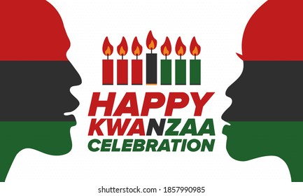 Kwanzaa Happy Celebration. African and African-American culture holiday. Seven days festival, celebrate annual from December 26 to January 1. Black history. Poster, card, banner and background. Vector