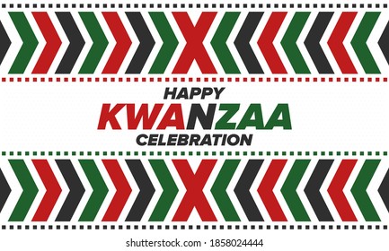 Kwanzaa Happy Celebration. African and African-American culture holiday. Seven days festival, celebrate annual from December 26 to January 1. Black history. Poster, card, banner and background. Vector