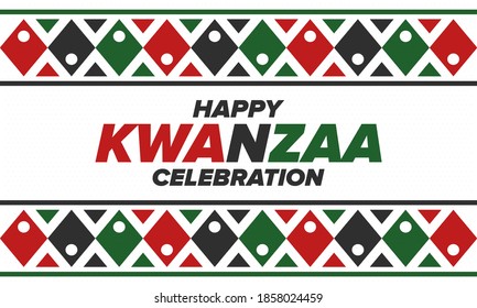 Kwanzaa Happy Celebration. African and African-American culture holiday. Seven days festival, celebrate annual from December 26 to January 1. Black history. Poster, card, banner and background. Vector