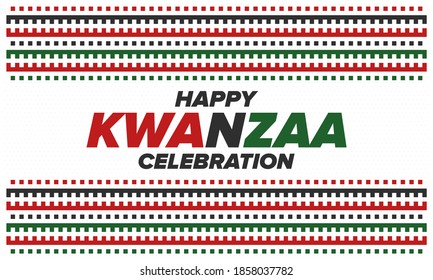 Kwanzaa Happy Celebration. African and African-American culture holiday. Seven days festival, celebrate annual from December 26 to January 1. Black history. Poster, card, banner and background. Vector