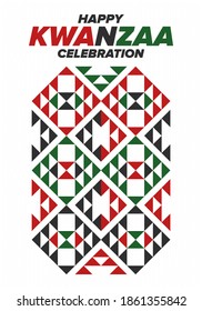 Kwanzaa Happy Celebration. African and African-American culture holiday. Seven days festival, celebrate annual from December 26 to January 1. Black history. Poster, card, banner and background. Vector