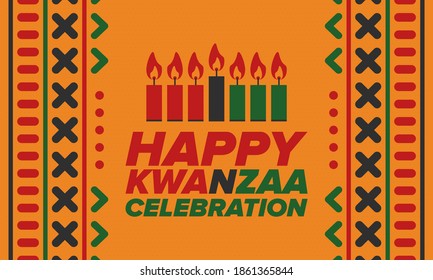 Kwanzaa Happy Celebration. African and African-American culture holiday. Seven days festival, celebrate annual from December 26 to January 1. Black history. Poster, card, banner and background. Vector