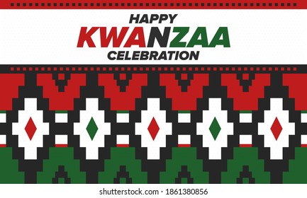 Kwanzaa Happy Celebration. African and African-American culture holiday. Seven days festival, celebrate annual from December 26 to January 1. Black history. Poster, card, banner and background. Vector