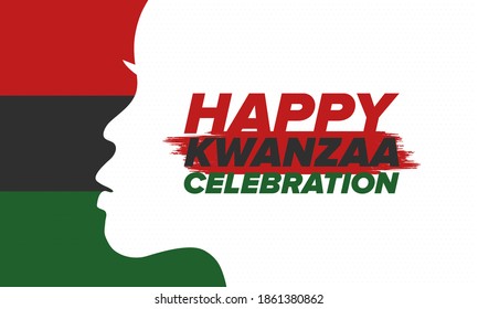 Kwanzaa Happy Celebration. African and African-American culture holiday. Seven days festival, celebrate annual from December 26 to January 1. Black history. Poster, card, banner and background. Vector