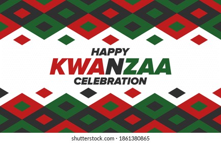 Kwanzaa Happy Celebration. African and African-American culture holiday. Seven days festival, celebrate annual from December 26 to January 1. Black history. Poster, card, banner and background. Vector