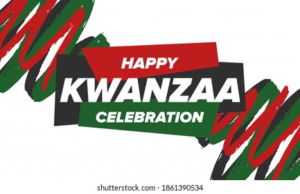 Kwanzaa Happy Celebration. African and African-American culture holiday. Seven days festival, celebrate annual from December 26 to January 1. Black history. Poster, card, banner and background. Vector