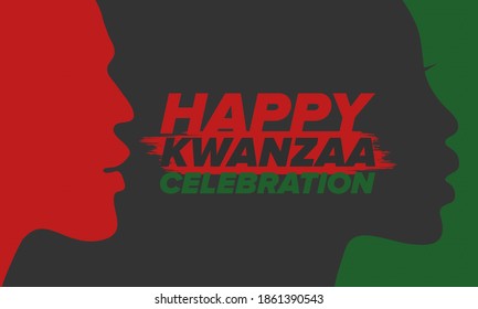 Kwanzaa Happy Celebration. African and African-American culture holiday. Seven days festival, celebrate annual from December 26 to January 1. Black history. Poster, card, banner and background. Vector