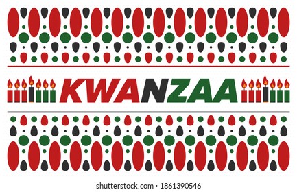 Kwanzaa Happy Celebration. African and African-American culture holiday. Seven days festival, celebrate annual from December 26 to January 1. Black history. Poster, card, banner and background. Vector