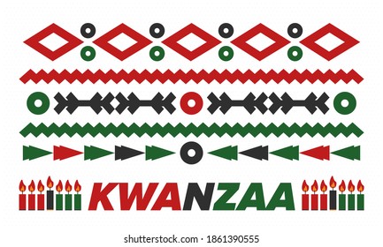 Kwanzaa Happy Celebration. African and African-American culture holiday. Seven days festival, celebrate annual from December 26 to January 1. Black history. Poster, card, banner and background. Vector