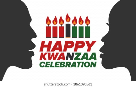 Kwanzaa Happy Celebration. African and African-American culture holiday. Seven days festival, celebrate annual from December 26 to January 1. Black history. Poster, card, banner and background. Vector