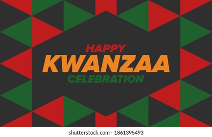 Kwanzaa Happy Celebration. African and African-American culture holiday. Seven days festival, celebrate annual from December 26 to January 1. Black history. Poster, card, banner and background. Vector