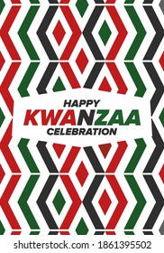 Kwanzaa Happy Celebration. African and African-American culture holiday. Seven days festival, celebrate annual from December 26 to January 1. Black history. Poster, card, banner and background. Vector