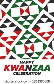 Kwanzaa Happy Celebration. African and African-American culture holiday. Seven days festival, celebrate annual from December 26 to January 1. Black history. Poster, card, banner and background. Vector