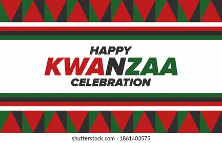 Kwanzaa Happy Celebration. African and African-American culture holiday. Seven days festival, celebrate annual from December 26 to January 1. Black history. Poster, card, banner and background. Vector