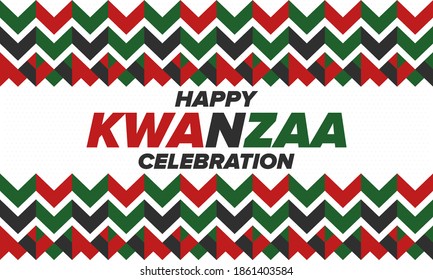 Kwanzaa Happy Celebration. African and African-American culture holiday. Seven days festival, celebrate annual from December 26 to January 1. Black history. Poster, card, banner and background. Vector