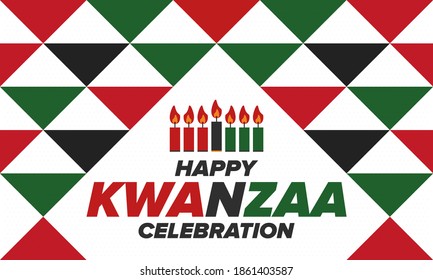 Kwanzaa Happy Celebration. African and African-American culture holiday. Seven days festival, celebrate annual from December 26 to January 1. Black history. Poster, card, banner and background. Vector