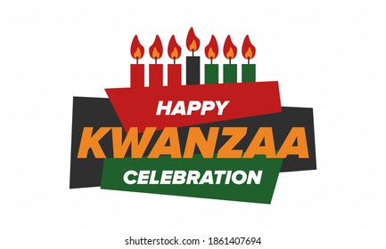 Kwanzaa Happy Celebration. African and African-American culture holiday. Seven days festival, celebrate annual from December 26 to January 1. Black history. Poster, card, banner and background. Vector